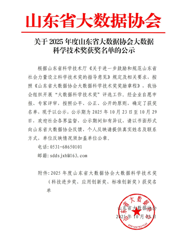 喜报!集团子公司山东德萨大数据荣获 2025 年度山东省大数据科学技术奖